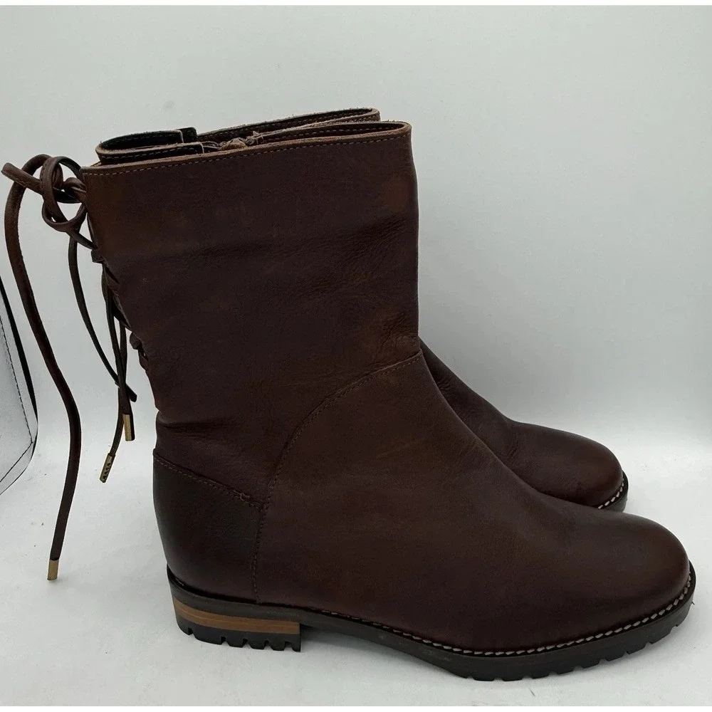 Fabianelli Brown Leather Italian Made Tie Back Boots Women's‎ 38/8 NEW